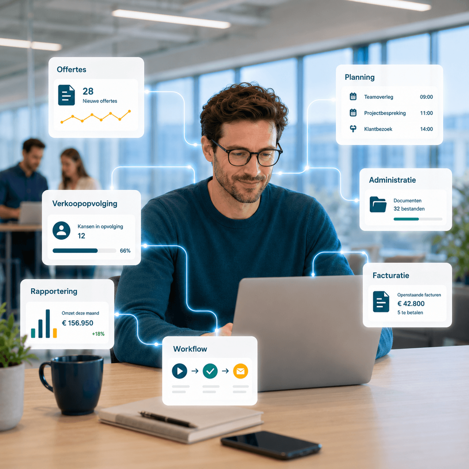 Medewerker werkt met gekoppelde bedrijfssoftware voor offertes, verkoopopvolging, planning, administratie, facturatie en rapportering